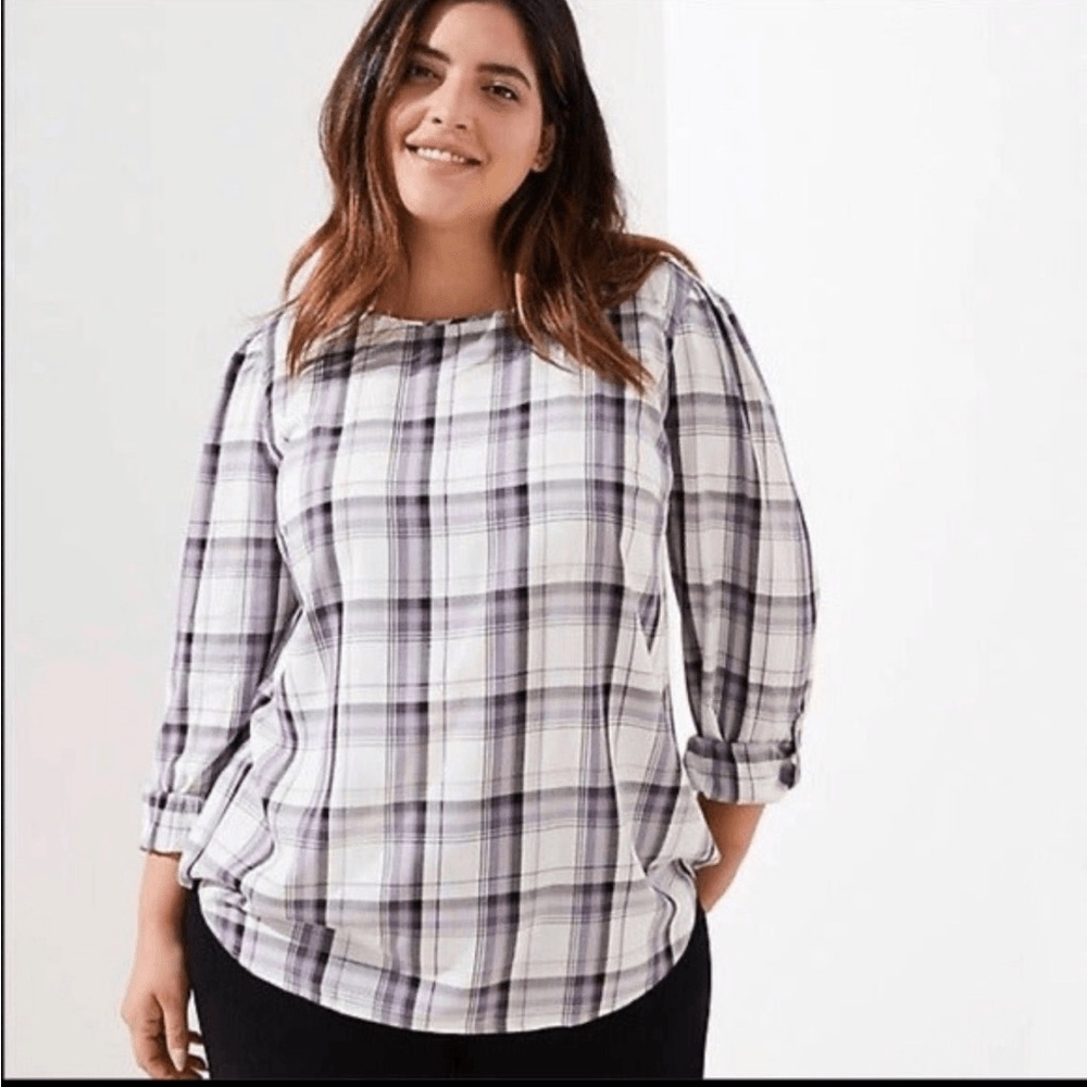 NWT LOFT Puff Sleeve Blouse Plaid Size M